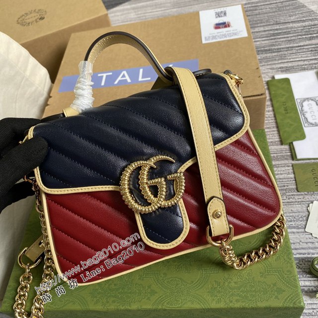 Gucci新款手提女包 古馳GG Marmont系列手袋 Gucci藍色和紅色絎縫皮革拼色女包 583571  ydg3172